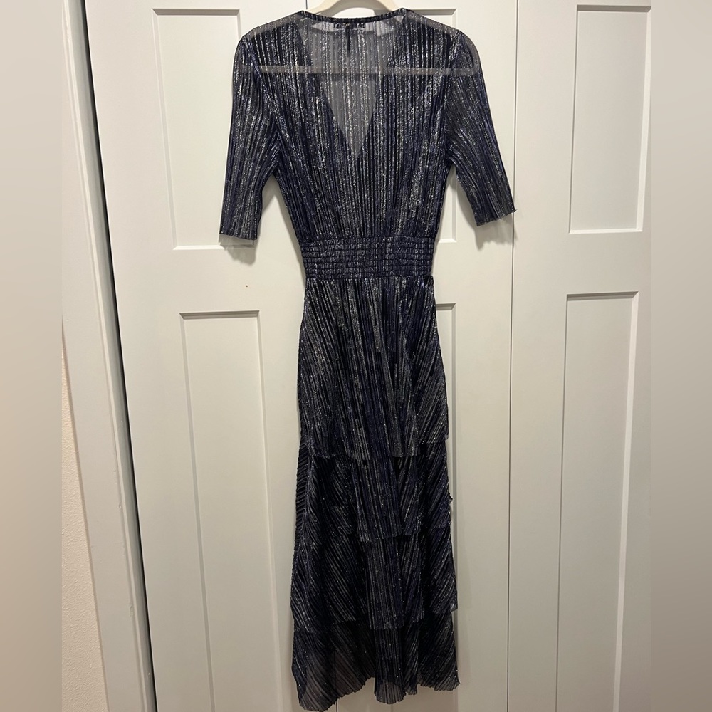 Maje Paris Full Lamé Dress with Ruffles Silver and Blue Sheer Back - Picture 5 of 11